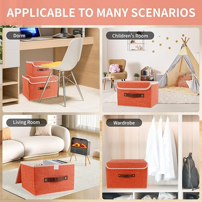 Large Storage Bin with Lid Storage Boxes,Collapsible Linen Storage Basket Container with Lid Storage Cube for Organizing Closets,3 Pack(Orange)