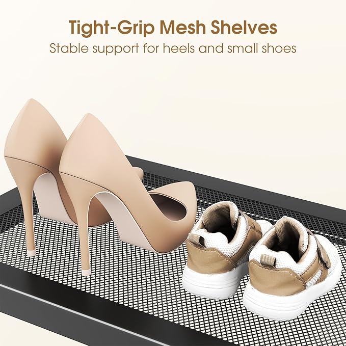 SAYZH Expandable Shoe Rack for Closet, Adjustable Metal Shoe Organizer with Sturdy Mesh Shelves for Boots & Heels, Stackable Shoe Storage for Entryway, Garage, Small Spaces (Black, 4-Tier)