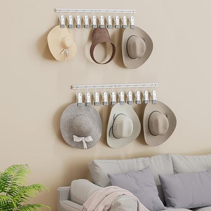 SWTYMIKI Hat Organizer for Baseball Caps - 2 Pack Hat Rack for Wall with Strong Adhesive and 10 Clips, Storage Display Holds up to 20 Caps for Bedroom, Closet, Two Mounting Option（Silver）
