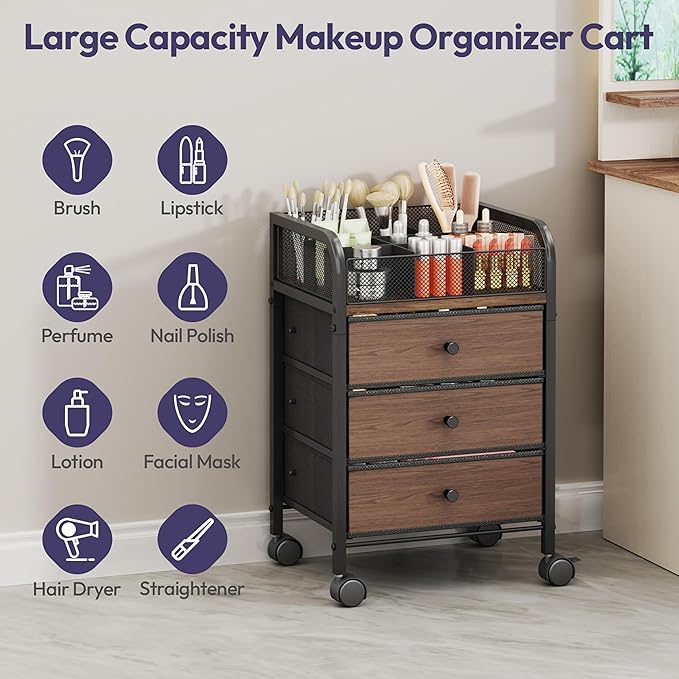 SWTYMIKI Rolling Makeup Organizer Cart - 14.96″*11.81″*23.03″ Widened Under Desk Vanity Storage with 3 Non-woven Drawers, Cosmetic Display Cases for Skin Care Perfume Nail Polish Brush Hair Tool Black