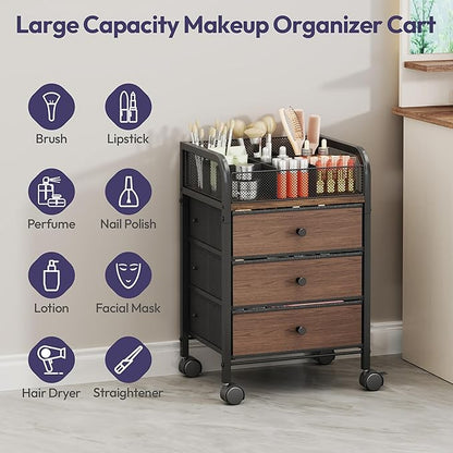 SWTYMIKI Rolling Makeup Organizer Cart - 14.96″*11.81″*23.03″ Widened Under Desk Vanity Storage with 3 Non-woven Drawers, Cosmetic Display Cases for Skin Care Perfume Nail Polish Brush Hair Tool Black
