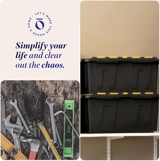 HOMZ 6-Pack Durabilt Tote, Heavy Duty Plastic Storage Bins with Lids, 15 Gallon, Black/Yellow - Stackable Organizing Containers for Home, Garage, and Office