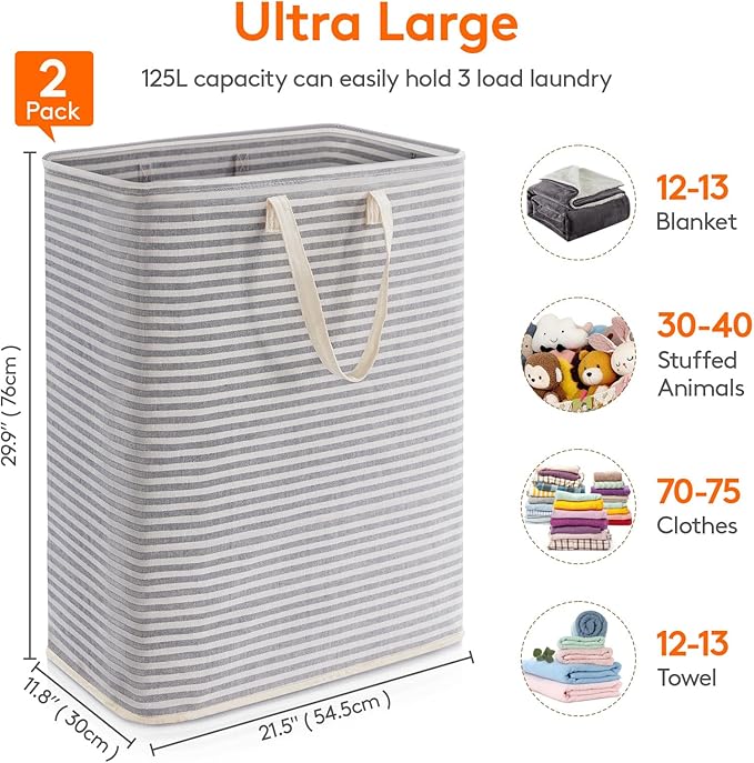 Lifewit 2 Pack Laundry Basket 125L Each, Collapsible Clothes Hamper with Reinforced Handles, Freestanding Waterproof Design for Bedroom and Laundry Room, Grey 250L Total