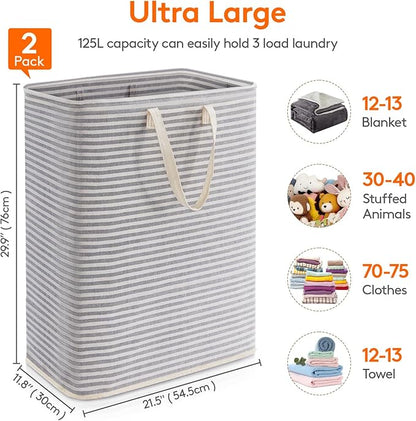 Lifewit 2 Pack Laundry Basket 125L Each, Collapsible Clothes Hamper with Reinforced Handles, Freestanding Waterproof Design for Bedroom and Laundry Room, Grey 250L Total