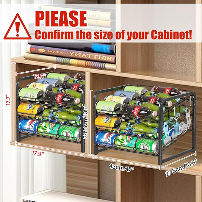 6-Tier Stackable Soda Can Rack Organizer for Pantry, Adjustable Can Dispenser Holds Up to 60 Cans, with 12 Hooks, Can Storage Holder for Various Ounces of Canned Food Soda Drinks, Black, 2 Pack