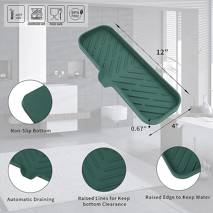 MicoYang Silicone Bathroom Soap Dishes with Drain Spout-Bathroom and Kitchen Sink Organizer,Sponge Holder,Dish Soap Tray,Perfect for Dispenser,Scrubber,Bottle,Cup on Sink or Counter-Green 12"×4"