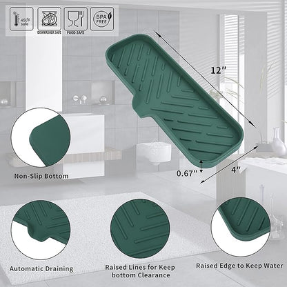 MicoYang Silicone Bathroom Soap Dishes with Drain Spout-Bathroom and Kitchen Sink Organizer,Sponge Holder,Dish Soap Tray,Perfect for Dispenser,Scrubber,Bottle,Cup on Sink or Counter-Green 12"×4"