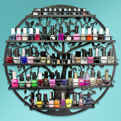 Sorbus Wall Mounted 5 Tier Nail Polish Rack Holder - Tree Silhouette Round Metal Salon Wall Art Display (Black)