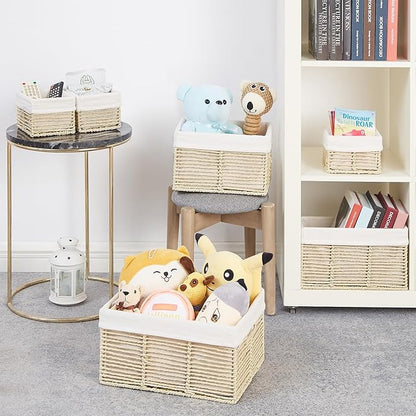Vagusicc Wicker Storage Baskets, 6 Pack Baskets for Organizing, Wicker Basket with Handle, Rectangular Basket for Storage Shelves, Cube Storage Bins for Closet/Clothes/Dresser, Beige