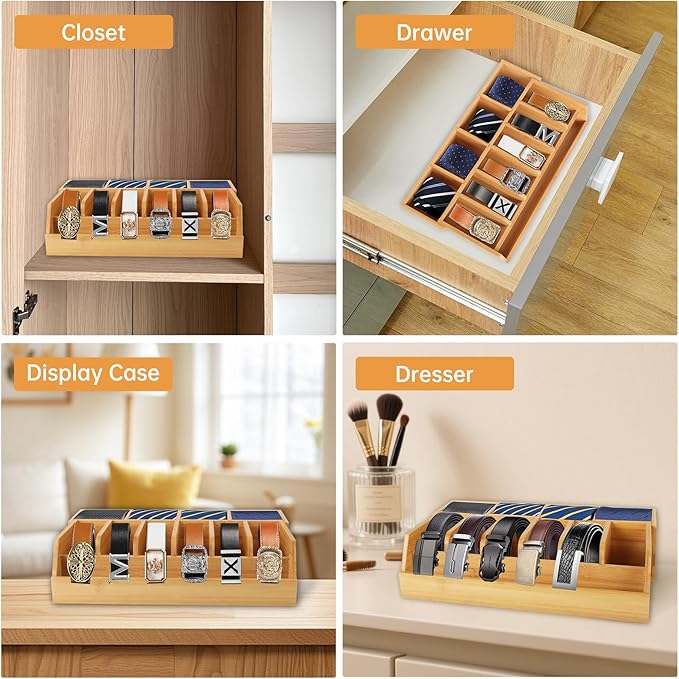 Adjustable Wood Belt Organizer, 10 Compartments Belt Rack and Tie Storage Holder for Closet and Drawer, Belt Holder Organizer and Displayer, Tie Holder Storage for Men Women, Wood Color