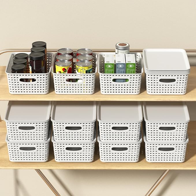 6 Pack Plastic Stackable Storage Baskets with Lids, White Breathable Storage Containers Bins for Organizing Desktop Closet Playroom Classroom Office