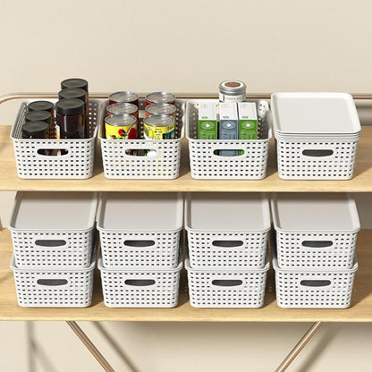 6 Pack Plastic Stackable Storage Baskets with Lids, White Breathable Storage Containers Bins for Organizing Desktop Closet Playroom Classroom Office