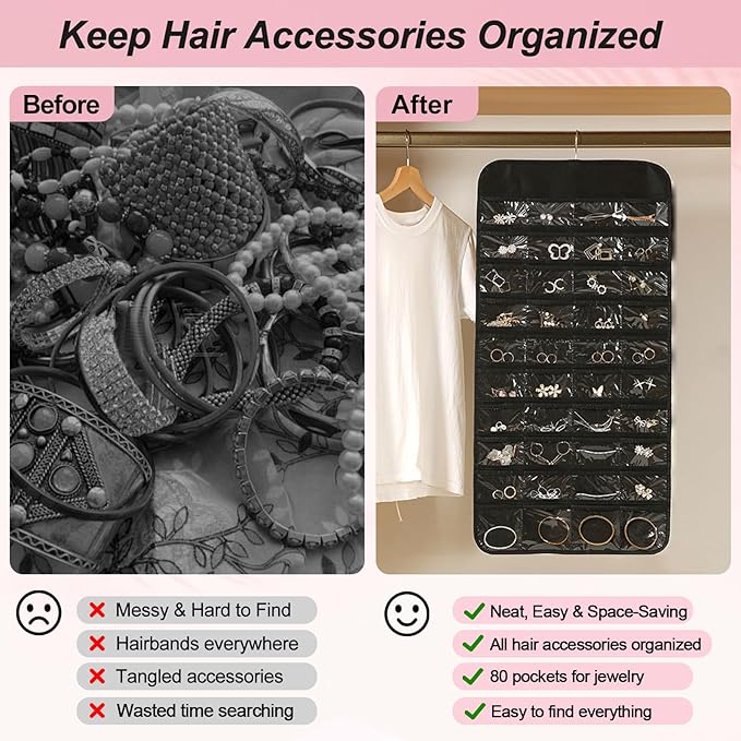 AZY 3PCS Headband Holder & Hair Accessory Organizer for Girls – 2 Hanging Headband Organizers for Headbands, Scrunchies & Hair Ties plus 80 Pocket Clear Jewelry Organizer for Bedroom, Dorm & Closet
