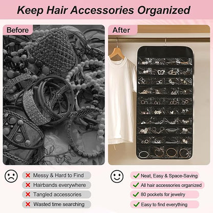 AZY 3PCS Headband Holder & Hair Accessory Organizer for Girls – 2 Hanging Headband Organizers for Headbands, Scrunchies & Hair Ties plus 80 Pocket Clear Jewelry Organizer for Bedroom, Dorm & Closet