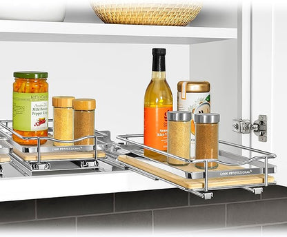 LYNK PROFESSIONAL® Élite™ Pull Out Spice Organization for Cabinets - 6-3/8 inch Wide – Spice Rack for Inside Cabinets – Wood/Chrome - Sliding Spice Rack Organizer for cabinet – Spice Rack - 1 Tier