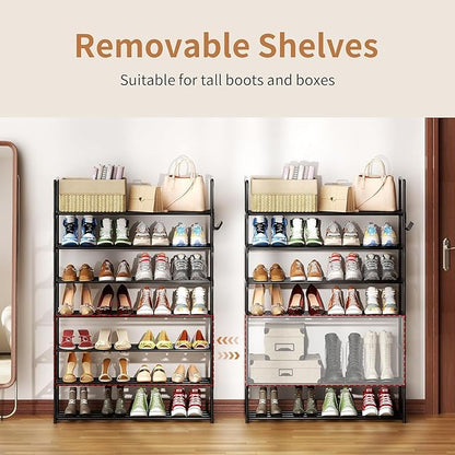 Metal Shoe Organizer,7 Tiers Shoe Storage Shoe Rack with Hooks,Fit 24-30 Pairs,Adjustable Shoe Shelf for Entryway,Hallway,Bedroom,Metal Bottom Support