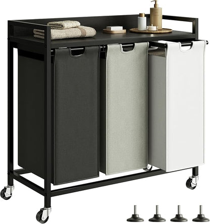 Herture Laundry Hampers with Shelf, Laundry Basket 3 Section, Laundry Sorter with Pull-Out Removable Large 3 Color Bags and Movable Wheels, Metal Frame, 3 x 15.87 Gallons (60L), Black PF04XLK
