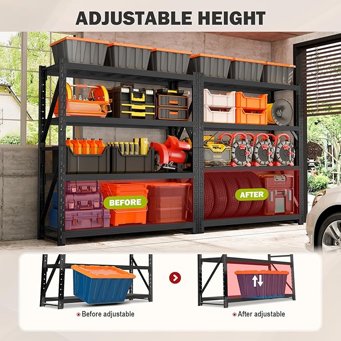 60" W Garage Shelving Heavy Duty, 5000lbs 4-Tier Metal Adjustable Garage Shelves, Storage Shelves for Warehouse, Pantry, Basement, 60" W X 20" D X 79" H (Black, 60x20x79)