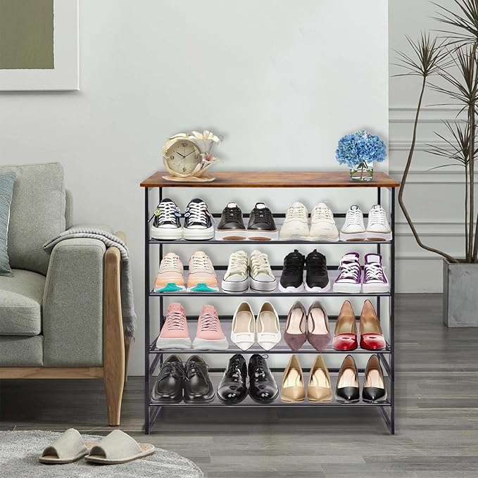 Garden 4 you Shoe Rack for Entryway 5 Tiers 11.8" D x 29" W x 36.5" H, Metal Shoe Rocks with Brown Wooden Tabletop, Angled Shoes Rack with Adjustable Mesh Shelves for Entryway Hallway Closet