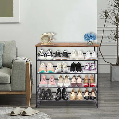 Garden 4 you Shoe Rack for Entryway 5 Tiers 11.8" D x 29" W x 36.5" H, Metal Shoe Rocks with Brown Wooden Tabletop, Angled Shoes Rack with Adjustable Mesh Shelves for Entryway Hallway Closet