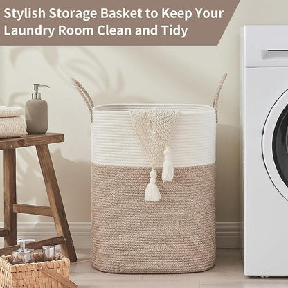 AINUOQI Laundry Basket with Handles - Blanket Basket & Hampers for Bedroom Aesthetic, Laundry Hamper & Blanket Storage for Living Room, Clothes Hamper, Tall, Large 17" x 14" x 26”, White & Rice Brown