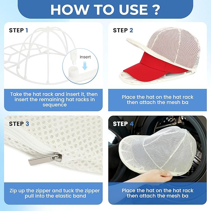 Hat Washer Cage for Baseball Caps, Hat Cleaner for Washing Machine & Dishwasher, Fits Adult & Kids Hats Baseball Cap Washing Cage, Cap Cleaner with Frame Cage and Mesh (1Pack White)