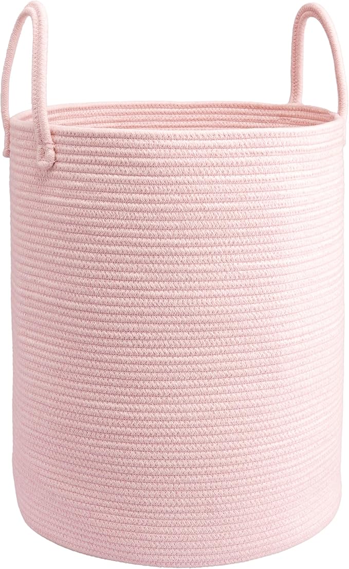 Woven Cotton Rope Laundry basket-15”X20” Laundry Hamper-Rope Storage Basket for Dirty Clothes, Toys and Blankets Perfect for Bathroom, Baby nursery and Living Room Storage (pink)