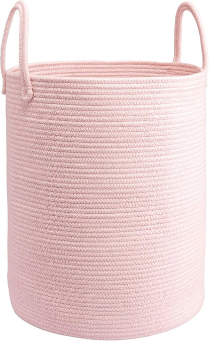 Woven Cotton Rope Laundry basket-15”X20” Laundry Hamper-Rope Storage Basket for Dirty Clothes, Toys and Blankets Perfect for Bathroom, Baby nursery and Living Room Storage (pink)