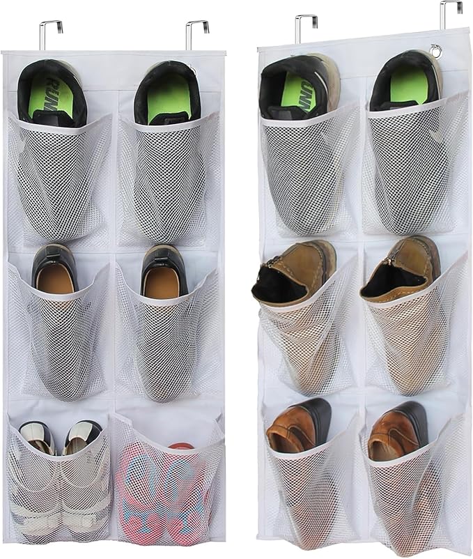 KIMBORA 2 Packs Narrow Over the Door Shoe Organizer and 12 Large Mesh Pockets Hanging Storage White