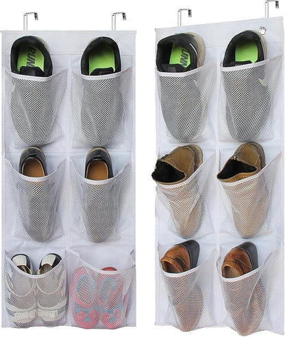 KIMBORA 2 Packs Narrow Over the Door Shoe Organizer and 12 Large Mesh Pockets Hanging Storage White