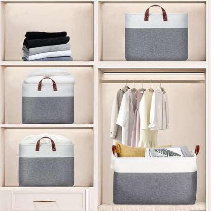 DULLEMELO Extra Large Storage Basket for Organizing, 70L Oversized Storage Bin Foldable Canvas Fabric Blanket Basket, 22" x 15" x 13" Large Kids Toy Basket Organizer with Handles (White&Grey)