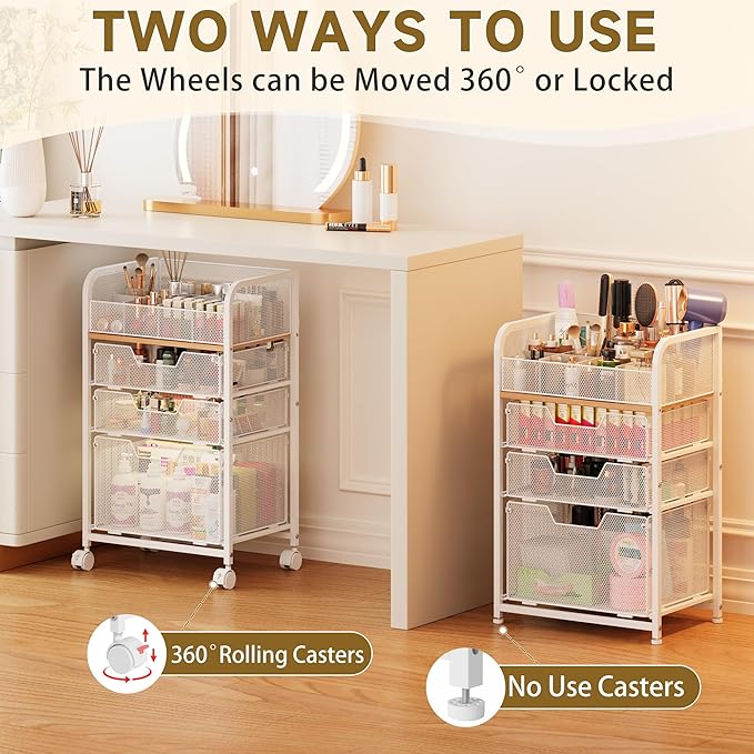 Jakyitvi Makeup Cart Organizer with 3 Drawers, Under Desk Storage Drawers,Floor Skincare & Makeup Organizer, Vanity Storage for Cosmetics, Nail Polish, Perfume, Makeup Brushes, Hair Tools, White