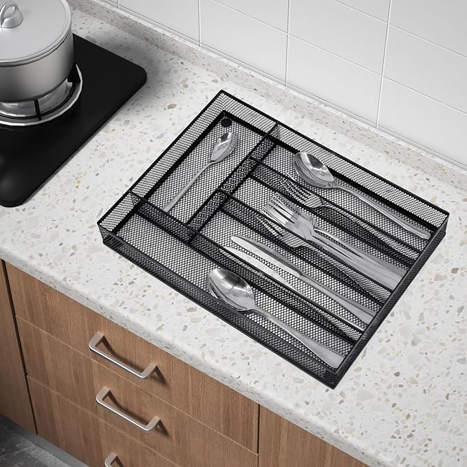 Neudeco Silverware Drawer Organizer - 5 Compartment Cutlery Tray with Non-Slip Feet, Mesh Wire Flatware Storage Divider for Kitchen, Bedroom, Living Room (Black)