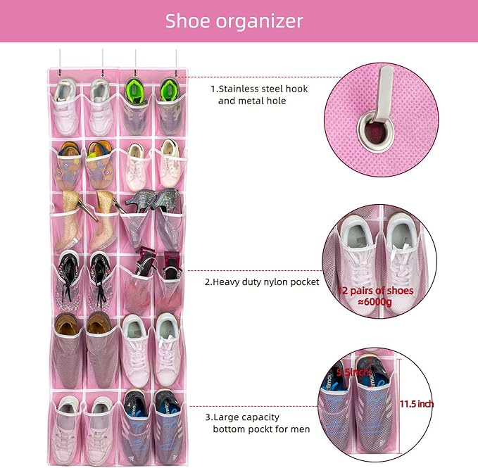 SAVERHO 2 Pack Hanging Shoe Organizer，Over Door Shoe Organizer with 24 Mesh Large Pockets Shoe Storage Bag for Sport Shoes Size:58x21 Inch Hanging Door Shoe Rack Organizer (Pink-2pack)