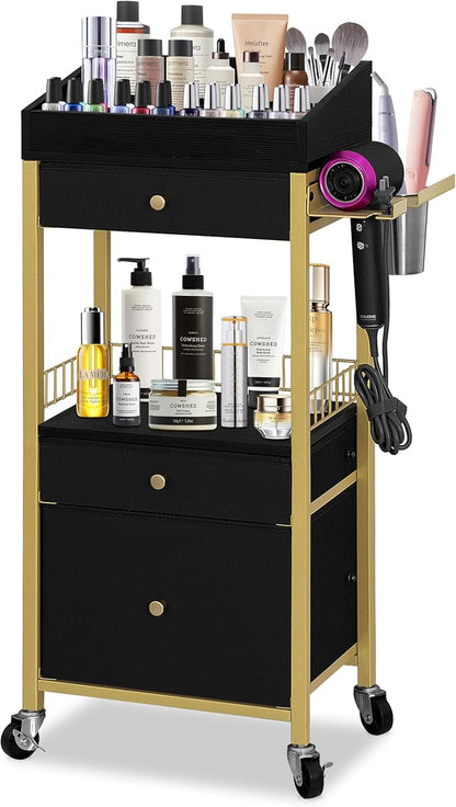 Makeup Organizer Cart with 3 Drawers, Rolling Vanity Organizer with Detachable Hair Tool Holder & Wheels, Floor Makeup Storage Cart for Skincare, Perfume, Nail Polish, Gold & Black