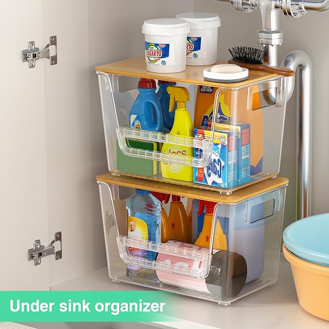 2 Set Pantry Organizers,Stackable Potato and Onion Storage Bins with Bamboo Lids,Trash Bag Dispenser for 4-13 Gal Bags,kitchen Countertop Organizer for Produce or Snacks