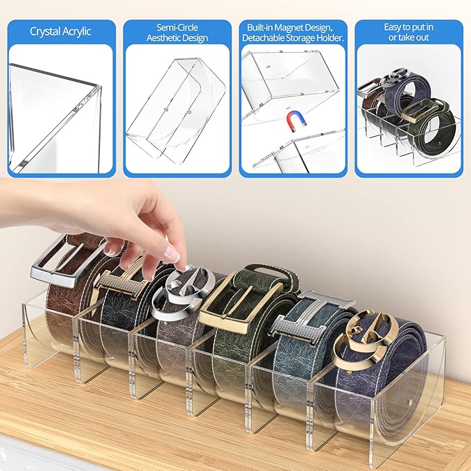 Belt Organizer, KDSKSC 6 Pack Acrylic Belt Storage Holder with Magnet, Detachable Storage Belt Container Clear Display Case for Closet and Drawer Belts Tie Bow Tie