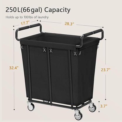 Laundry Hamper with Wheels, 250L Rolling Medium Laundry Basket for Clothes Storage, Heavy Duty Rolling Laundry Cart with Handle, Steel Frame, Waterproof Liner, 66 Gallons