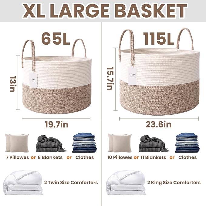 JMvicyroam 115L Extra Large Blanket Basket for Living Room - Woven Cotton Rope Laundry Hamper with Reinforced Handles - Storage Bin for Pillows, Comforters & Toys - Machine Washable,White&Brown