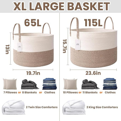 JMvicyroam 115L Extra Large Blanket Basket for Living Room - Woven Cotton Rope Laundry Hamper with Reinforced Handles - Storage Bin for Pillows, Comforters & Toys - Machine Washable,White&Brown
