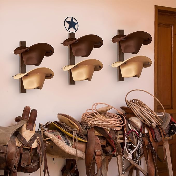 P-ALADIN Cowboy Hat Holder, Cowboy Hat Rack for Wall, 6-Piece Wall-Mount Western Hat Organizer with Wooden Board – Storage Hat Holder Organizer