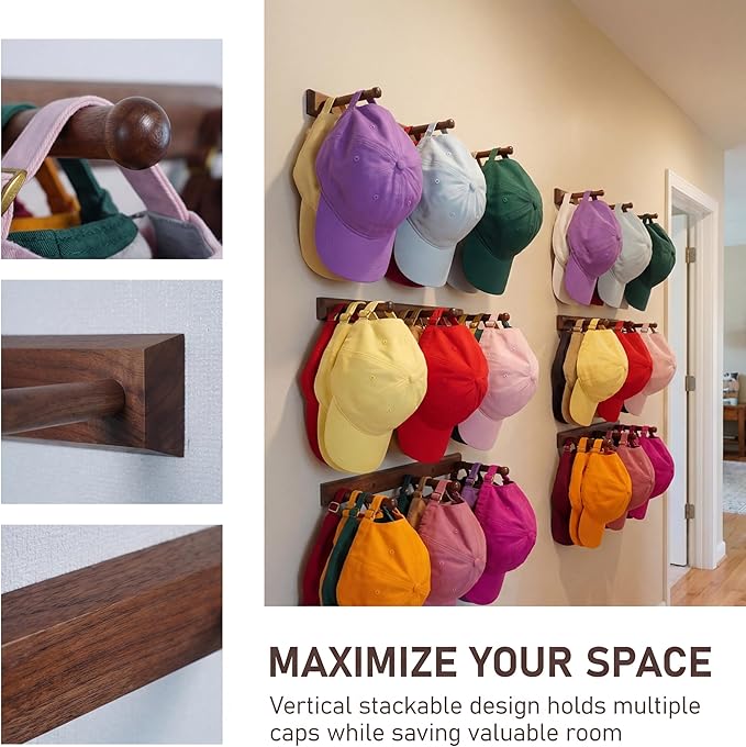 Hat Rack for Baseball Caps, Black Walnut Hat Organizer, Holds 30 Caps, Wall Mounted with Expansion Bolts or Adhesive