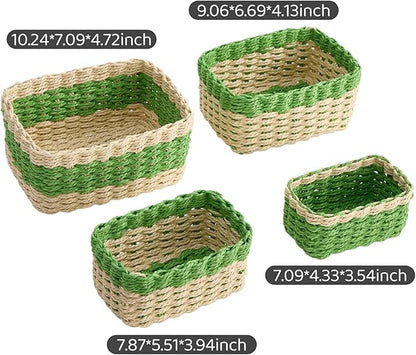 4PCS Woven Storage Baskets Set, Small Baskets for Organizing, Square Handwoven Paper Rope Organizer Bins for Shelves and Home Storage (Natural & Green)