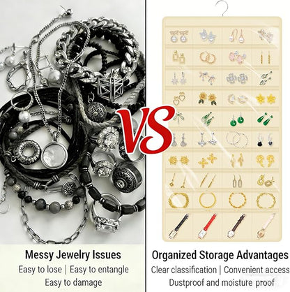 Hanging Jewelry Organizer Storage for Closet Wall Door Travel with 80 Clear Double-Sided Pockets for Earrings, Necklaces, Rings, Bracelets,1 Pcs