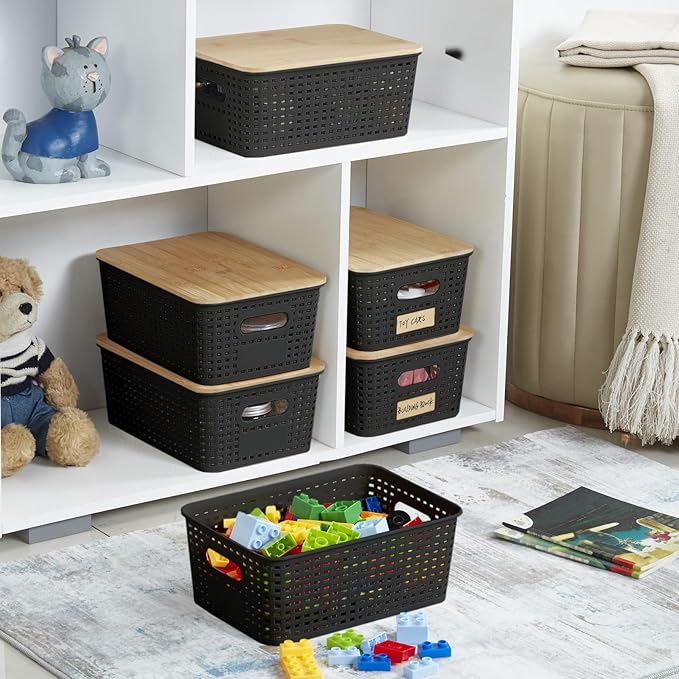 Bagnizer Small Plastic Storage Bins with Bamboo Lids 5.2qt Stackable Box Basket Pantry Decorative Containers Cute with Lable for Organizing Desktop Closet Office Black of 6 packs 10 * 7.2 * 4.1"