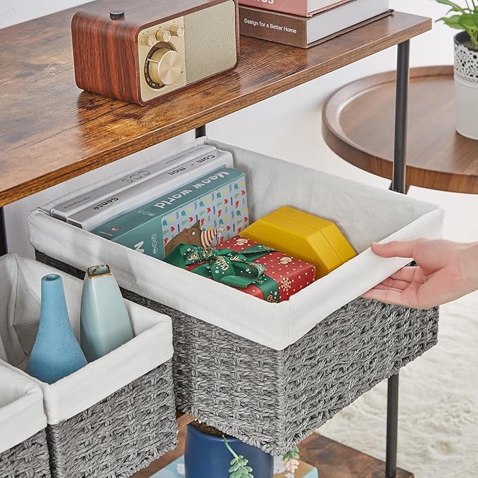 Vagusicc Wicker Basket, Set of 3 Hand-woven Storage Baskets for Organizing, Decorative Rectangle Wicker Storage Basket Bins with Handles, Small Toilet Paper Storage Baskets for Shelves & Decor, Grey