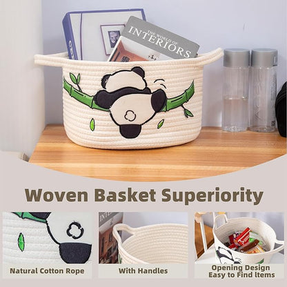 SHCMSADO Cute Panda Cotton Rope Storage Basket – Round Toy Basket with Handles, Delicate and Durable Shelf Organizer for Toys, Clothes, Closet, 10.63 x 7.08 Inches, White