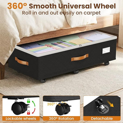 Budding Joy Under Bed Storage with Wheels 2Pack, 80L Height Adjustable Underbed Containers with Clear Lids, Rolling Under Bed Shoe Storage Organizer for Dorm Home Clothes, Blankets, Toys, Black