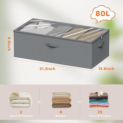 10inch 3 Pack Under Bed Storage Containers, 10 Inch Tall Underbed Clothes Storage Organizer Bin with Clear Window，Foldable Box Basket for Clothes, Closet, Bed Sheets and Blankets Gray
