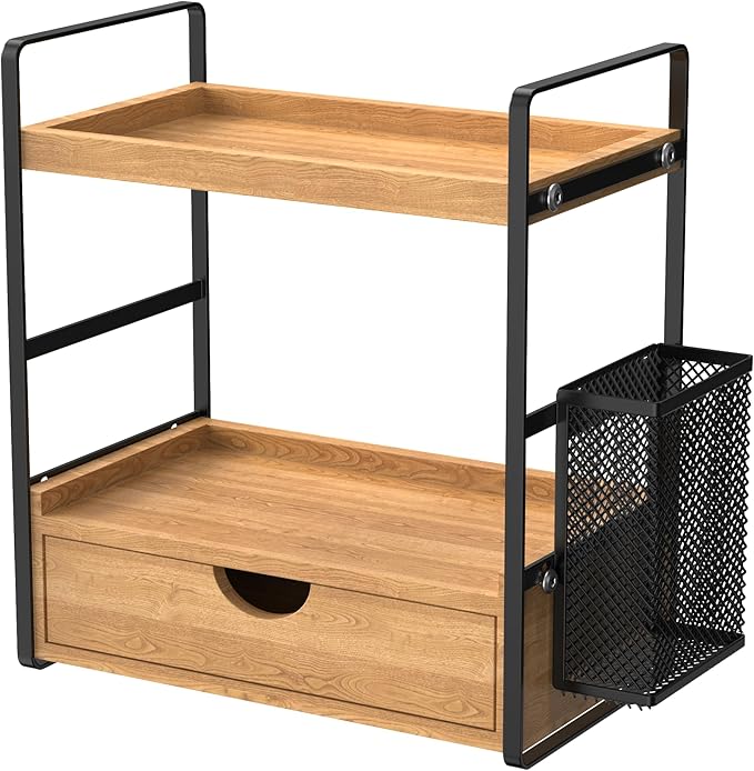 LEMIKKLE Bathroom Counter Organizer with Drawer and Basket,Wood Countertop Organizer for Bathroom Decor Makeup Tray for Perfume Skincare Bedroom Kitchen Corner